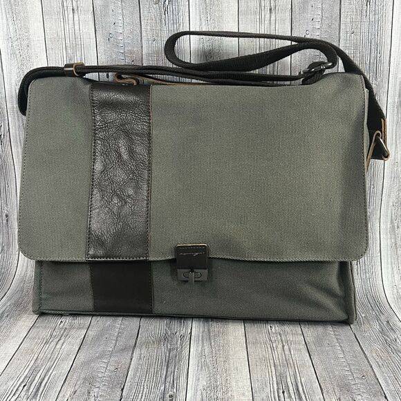 Pottery Barn Messenger Laptop Bag Bradley Leather & Canvas Taupe & Olive Bag - Picture 1 of 16